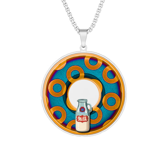 Lump's Heady Donut Necklace - 1" x 1" Stainless Steel Pendant - "Wooked Cream Dairy - YEMSG Donut" - blue/orange rustic paradox donut - variant 4