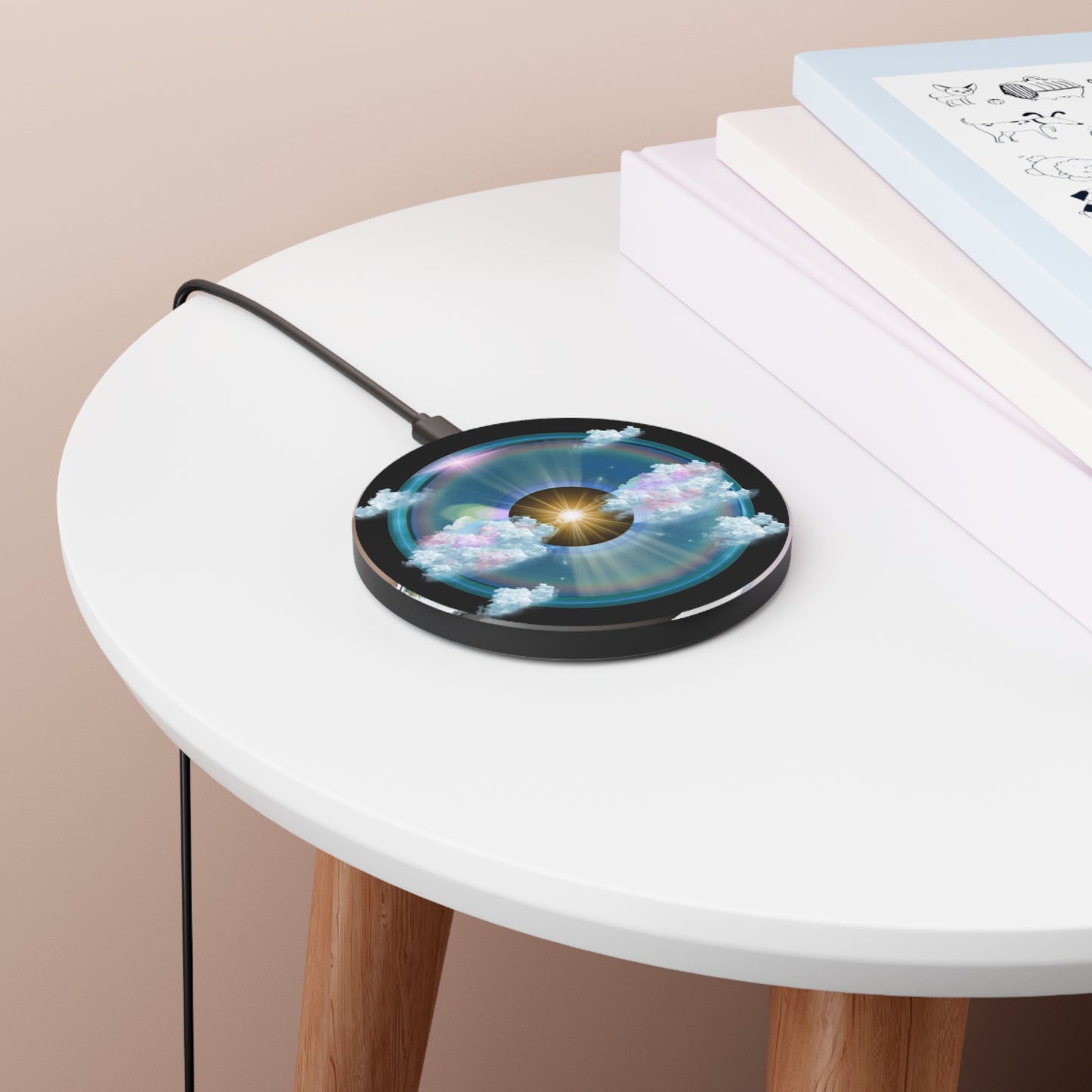 The Flow - Wireless Lumpy Donut Chargers - "The Divided Wireless Donut Charger" - vivid sky donut w/dark navy background - variant 2 - [*charitable donut]