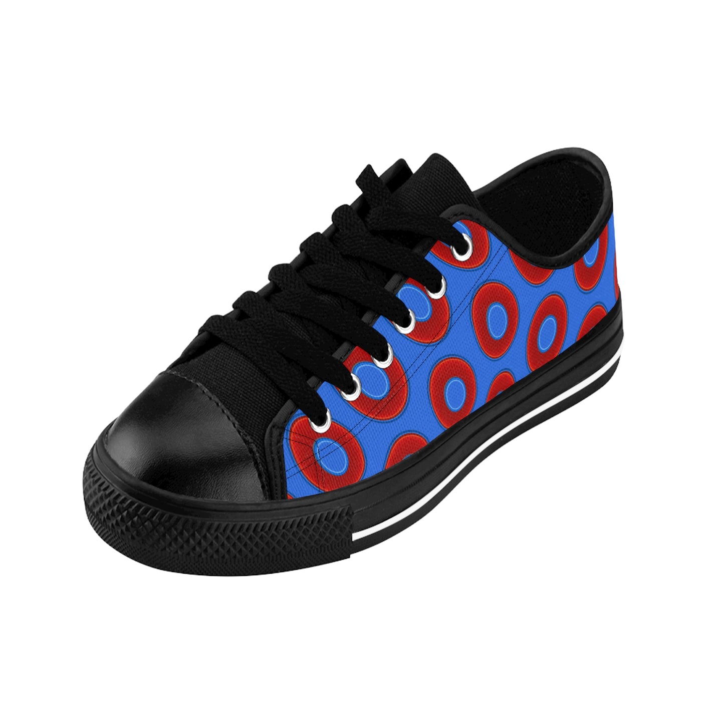 Men's Cushiony Convectors - Low Top - large red vivid donut print w/medium royal blue background
