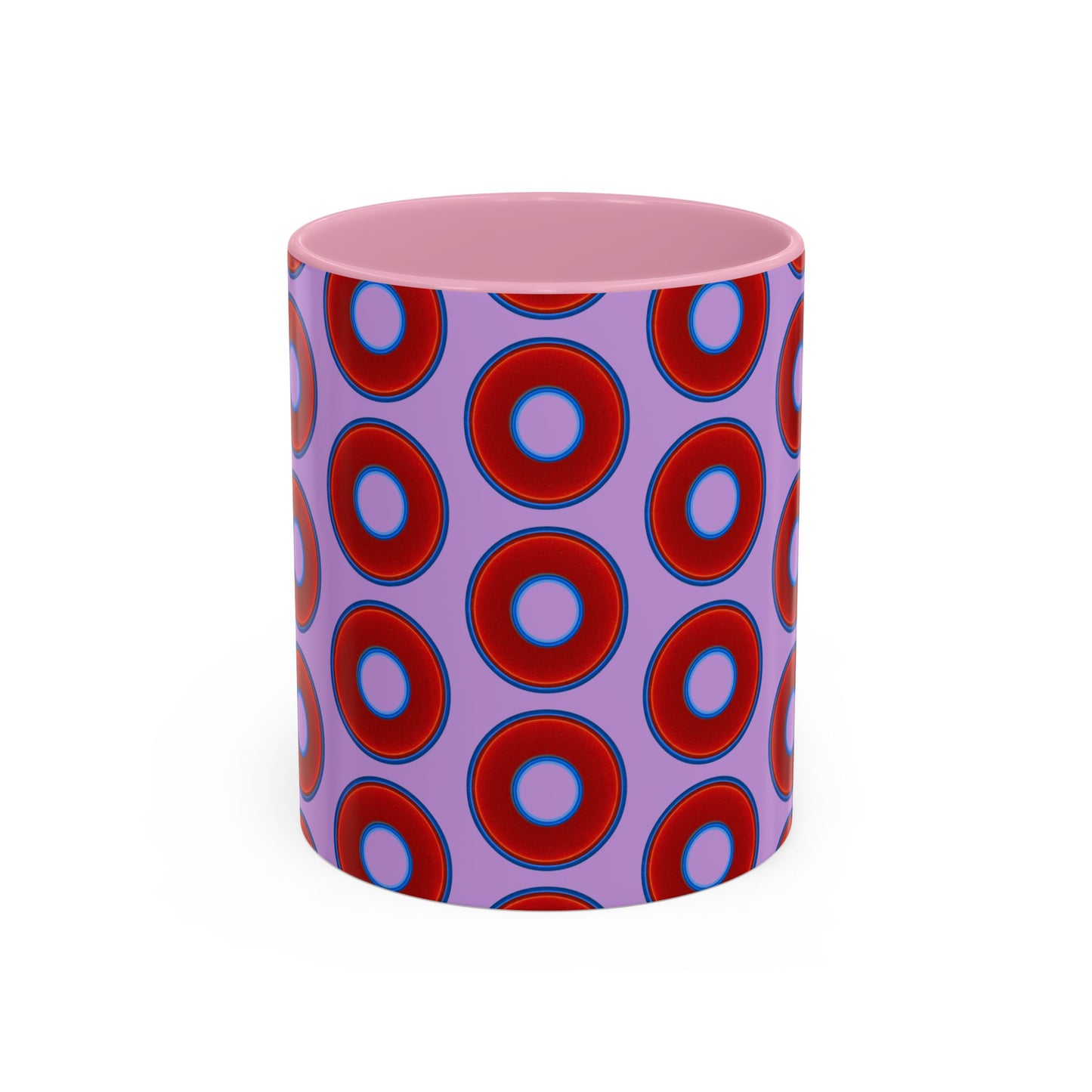 Lump's Grumpy Coffee Mug - vivid red donuts w/wisteria purple background