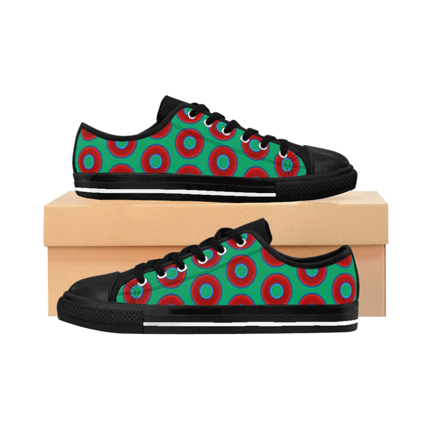 Men's Cushiony Convectors - Low Top - large red vivid donut print w/jade green background