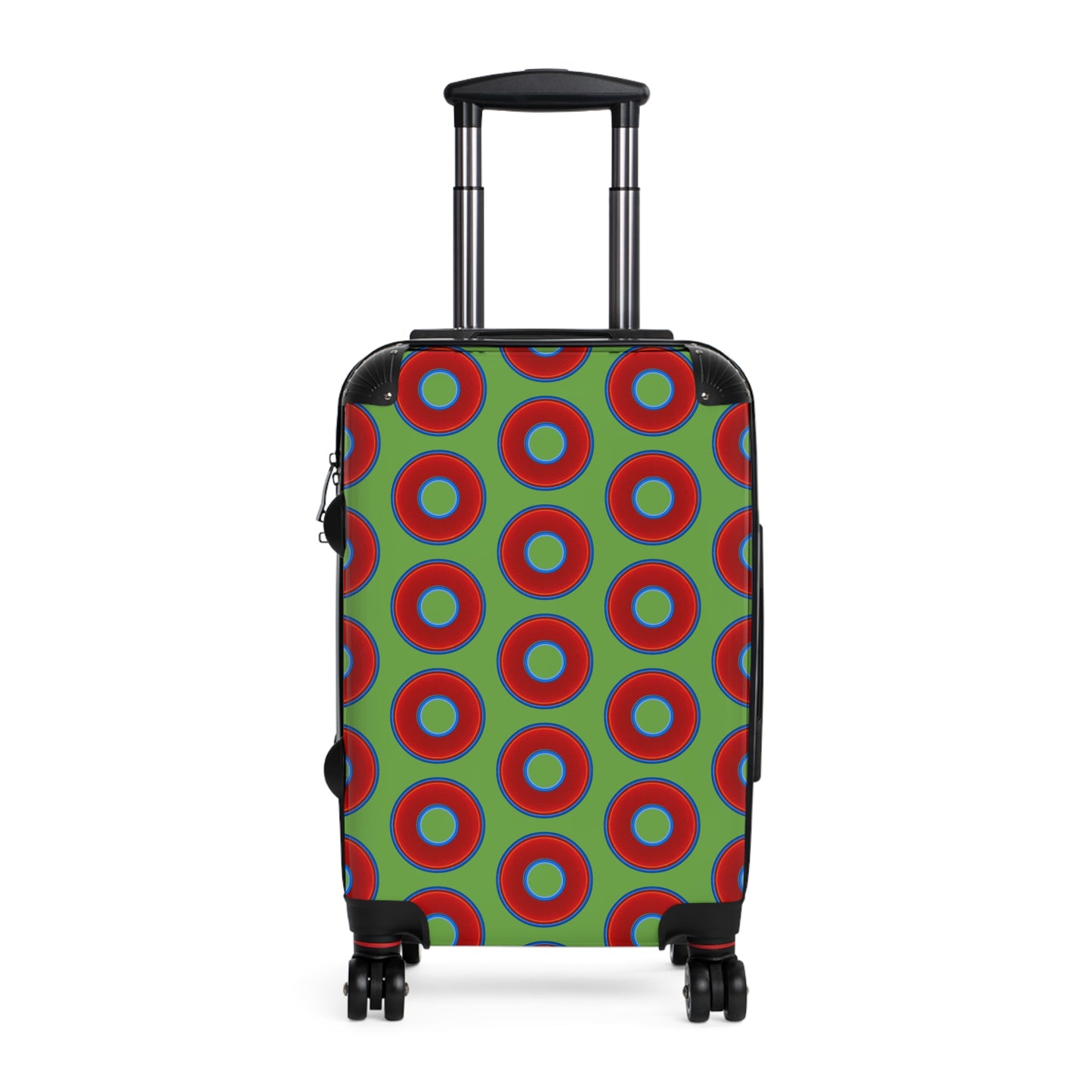 The Very Lumpy Donut Suitcase series - your choice of S, M or L - vivid red donut print w/lime green background