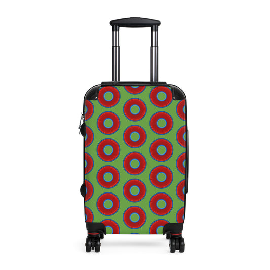 The Very Lumpy Donut Suitcase series - your choice of S, M or L - vivid red donut print w/lime green background