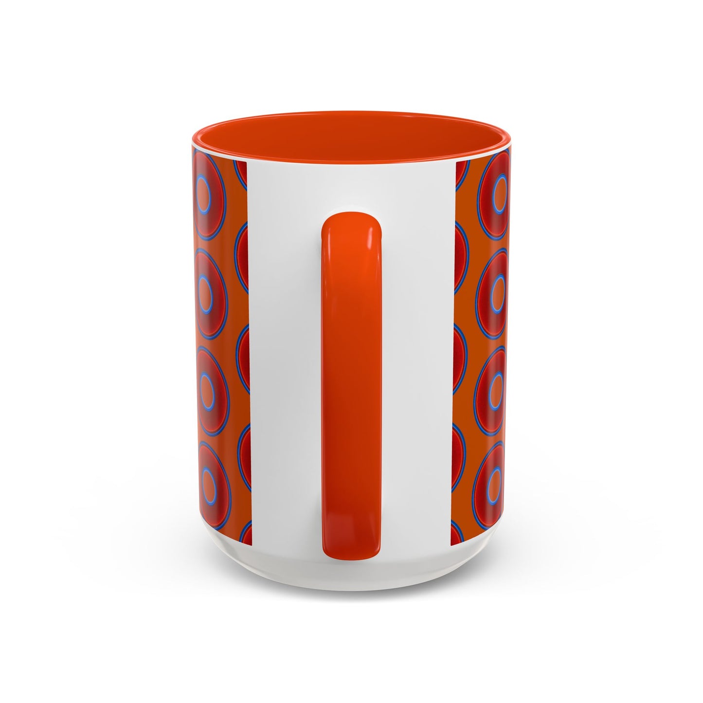Lump's Grumpy Coffee Mug - vivid red donuts w/dark orange background