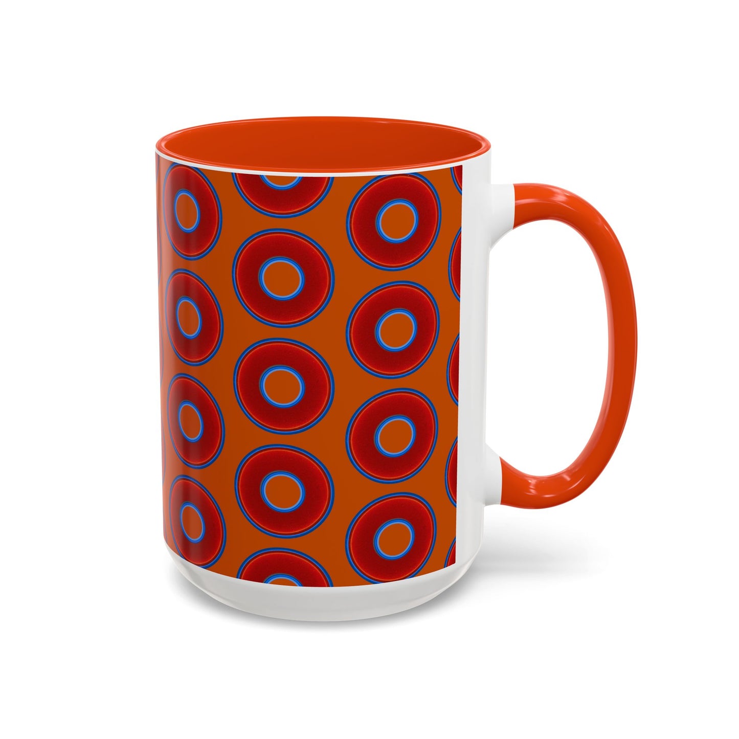 Lump's Grumpy Coffee Mug - vivid red donuts w/dark orange background