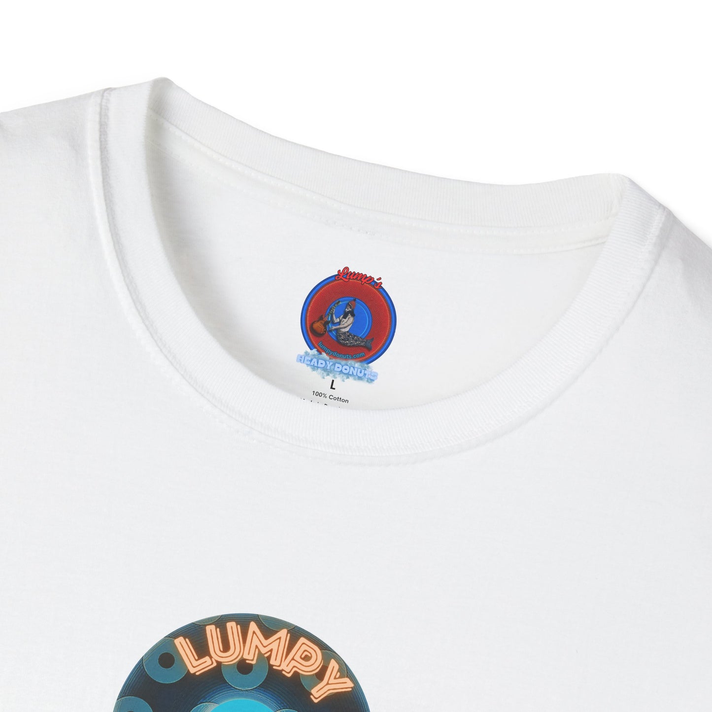 Coffee Traders Tee - Unisex Soft-Style - "Tasty Coffee" - paradoxical donut/cubed blue donut - variant 2 - logo front/It's Ice Cube's back