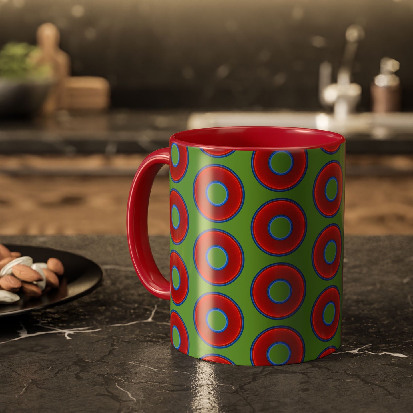 Lump's Grumpy Coffee Mug - vivid red donuts w/light green background