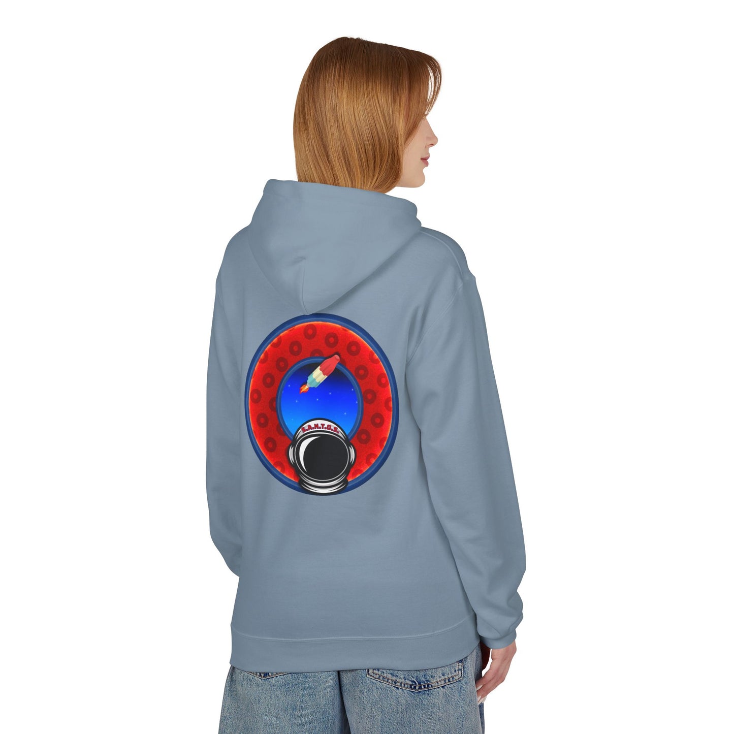 Fleece Harry Hoodies [Midweight Soft-style] - "This is What Donuts Smell Like in Space - YEMSG Donut" - w/widemouthed red/blue donut