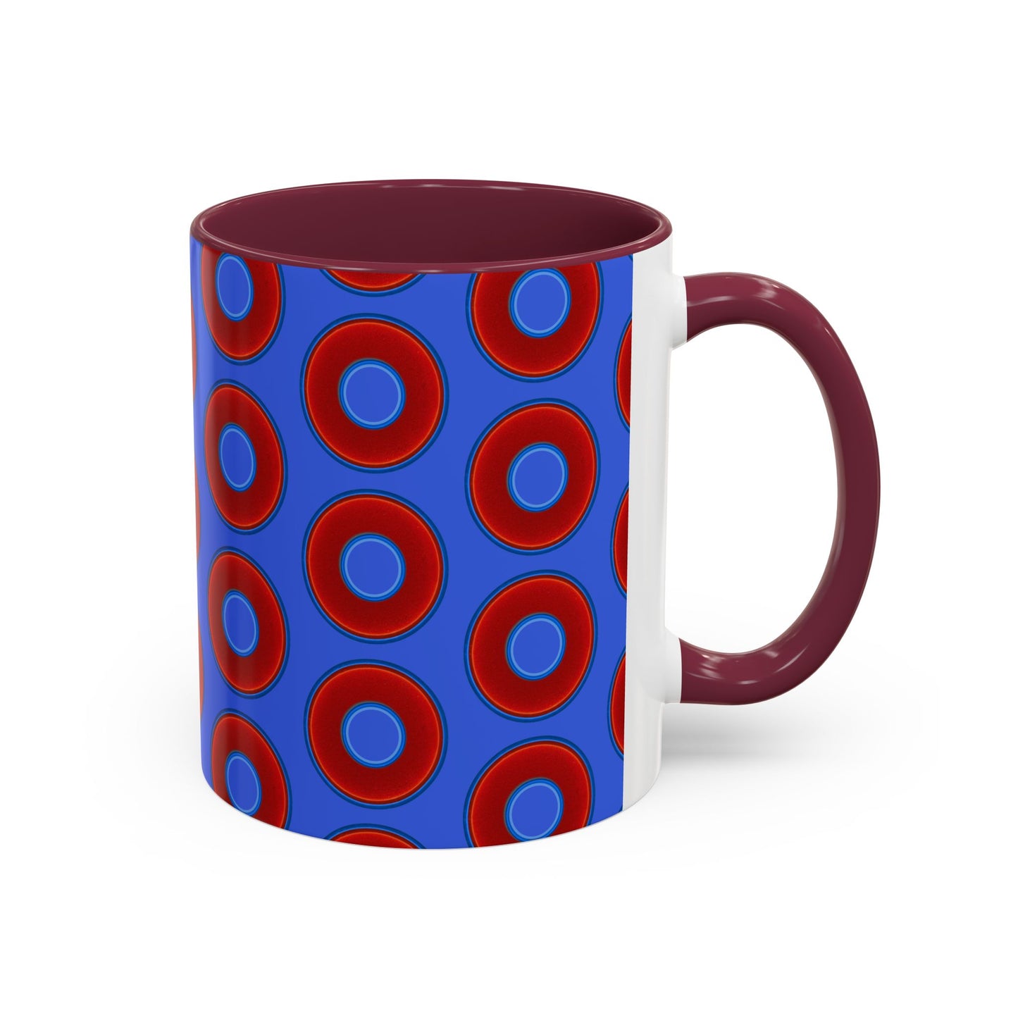 Lump's Grumpy Coffee Mug - vivid red donuts w/royal blue background