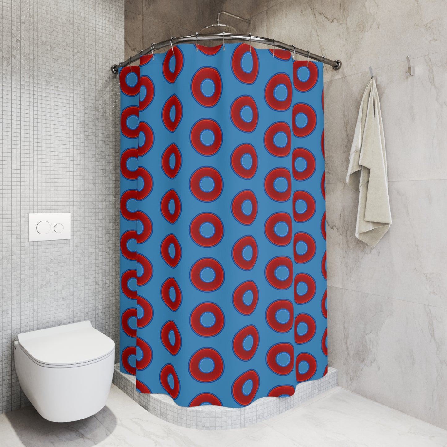 The Curtain With "Donuts" - Lumpy Bath Time Fun - vivid red donuts w/light steel blue background