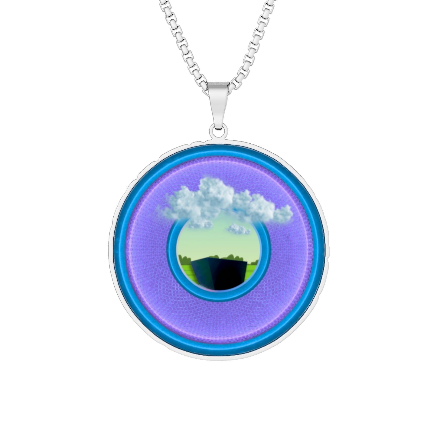 Lump's Heady Donut Necklace - 1" x 1" Stainless Steel Pendant - "Got Rhombus Donut Pendants?" - purple/light blue rustic donut - variant 4