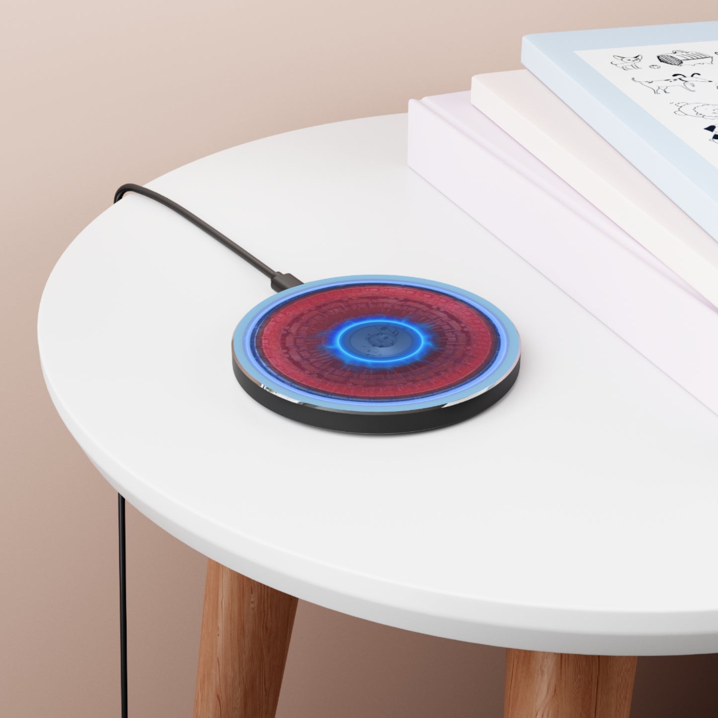 The Flow - Wireless Lumpy Donut Chargers - "Homer's Perfect Wireless Donut Charger" - vivid red/blue tube donut w/sky blue background - variant 1