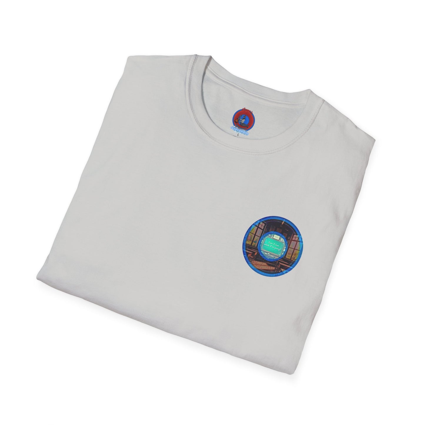 Classic Donut Tee - Unisex Soft-Style - "The Torturous Chalk Dust Donut  " - blue/red picture donut