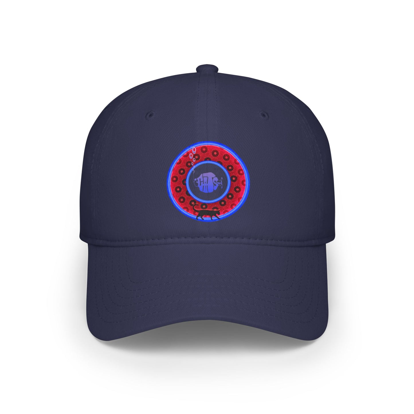 Lumpy Donut Baseball Cap - "My Pet Cat's Donut Cap" - paradoxical red/blue wide mouth donut w/ - variant 3