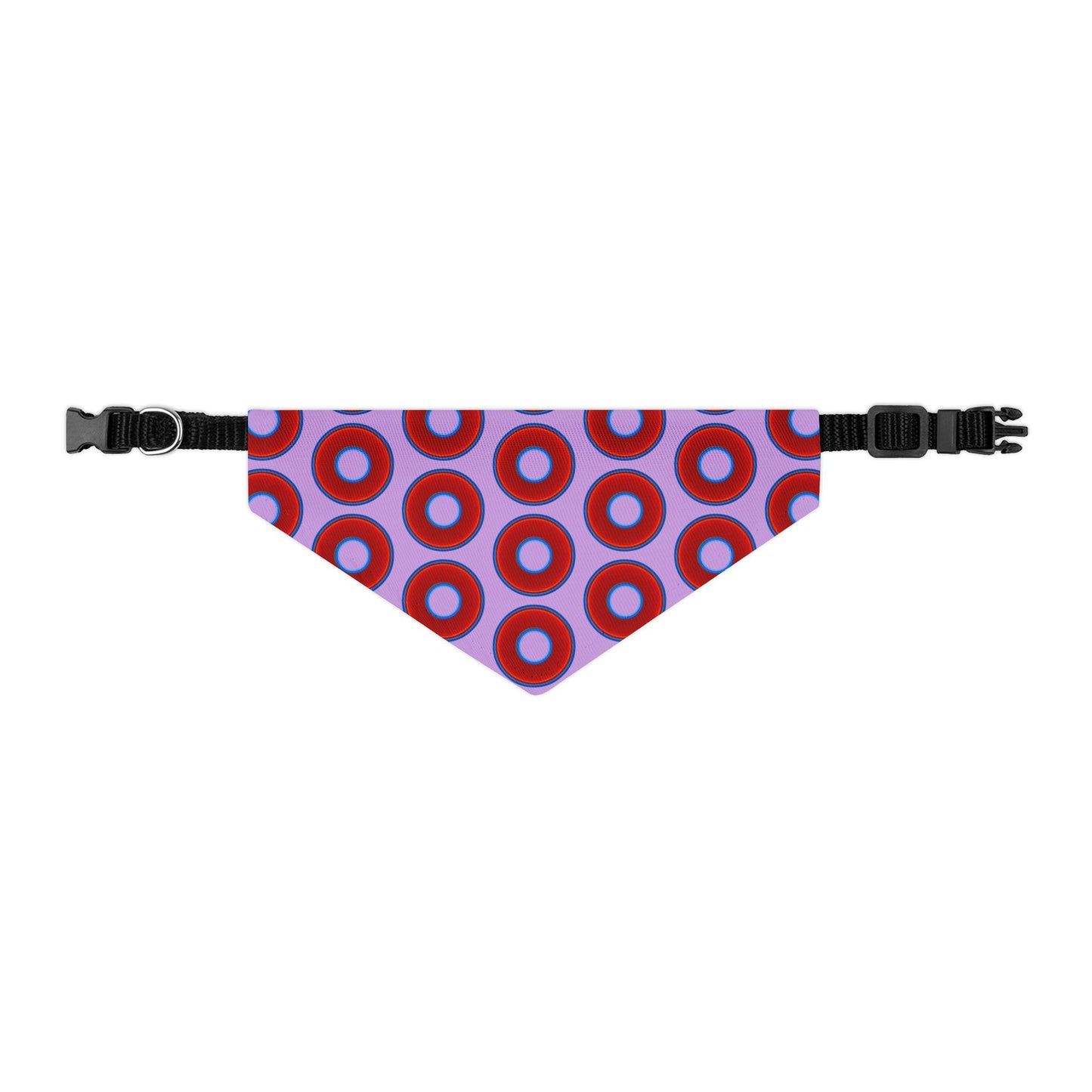 Jim's Lumpy Bandana Pet Collar - vivid red donuts w/wisteria purple background