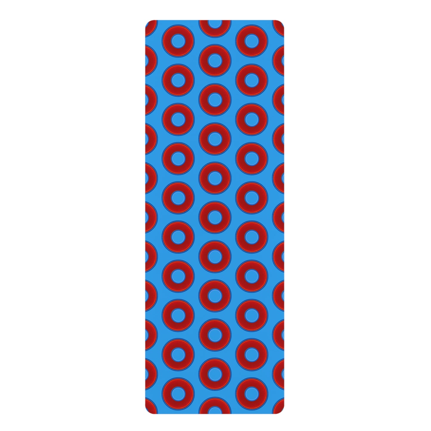 Lumpy Donut Yoga Mat :) - 24″ x 70" - vivid red donut print w/sky royal blue background