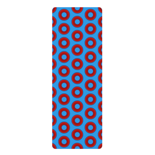 Lumpy Donut Yoga Mat :) - 24″ x 70" - vivid red donut print w/sky royal blue background