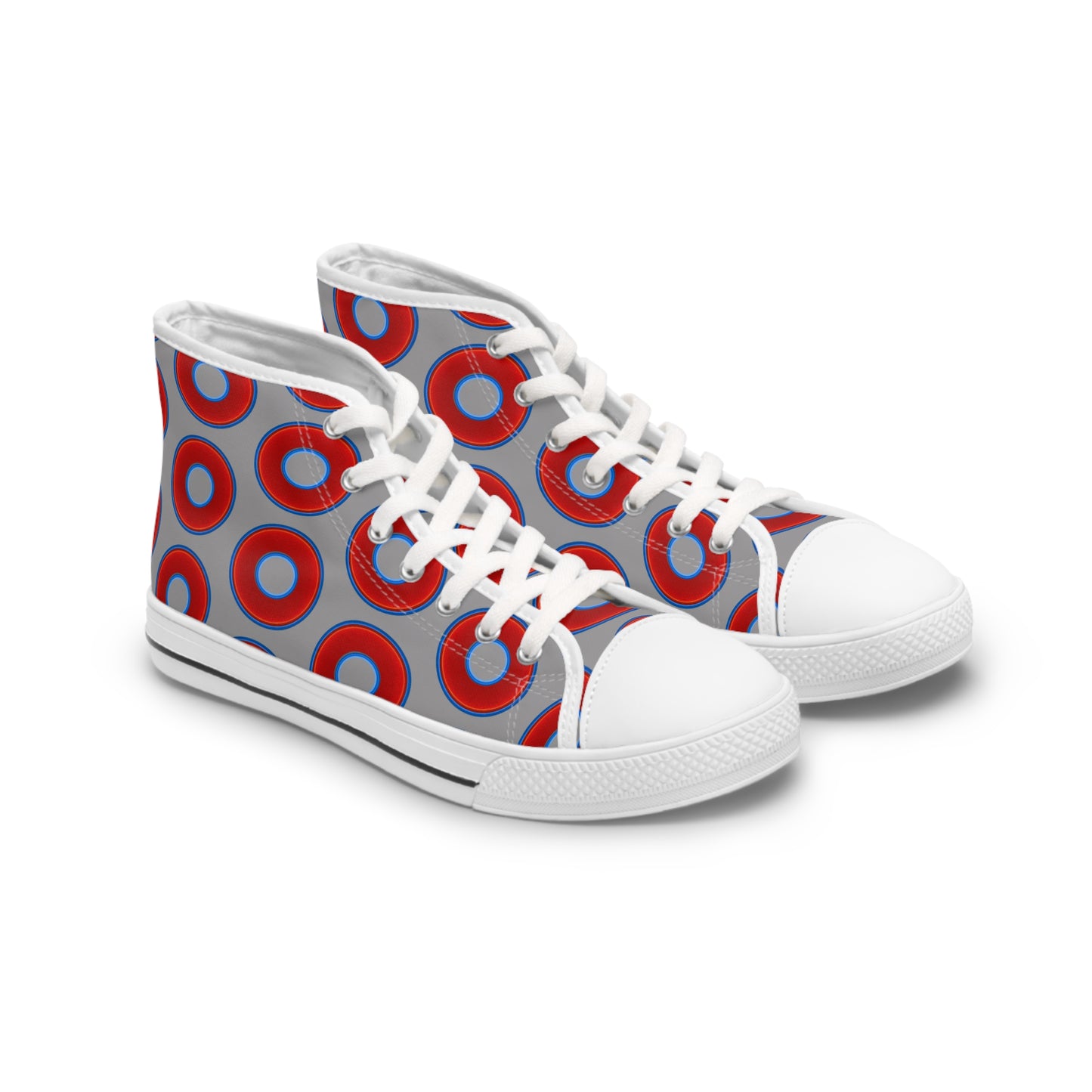 Women's High Top Chuck Taylors - large vivid red donut print w/gray background