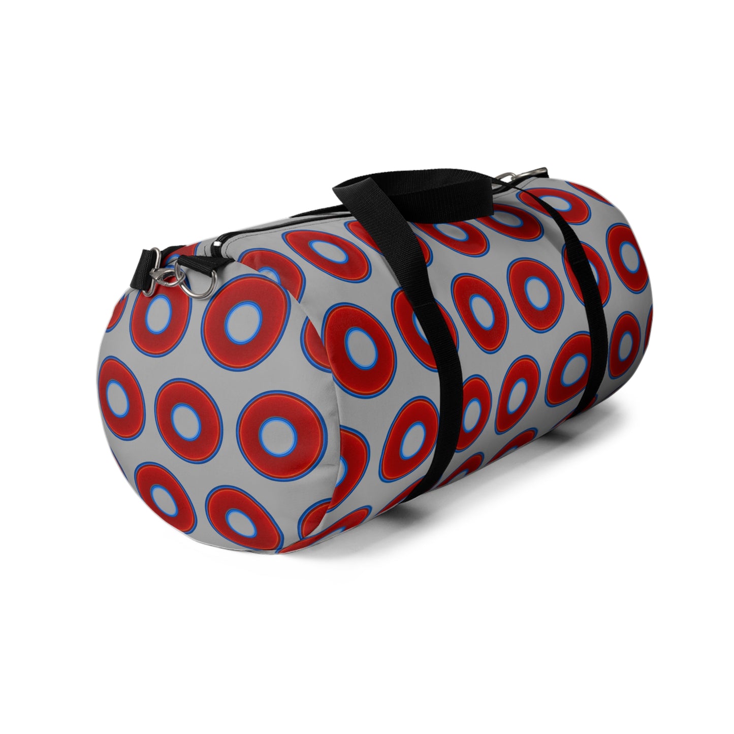 Lumpy Duffel - vivid red donuts w/light gray background