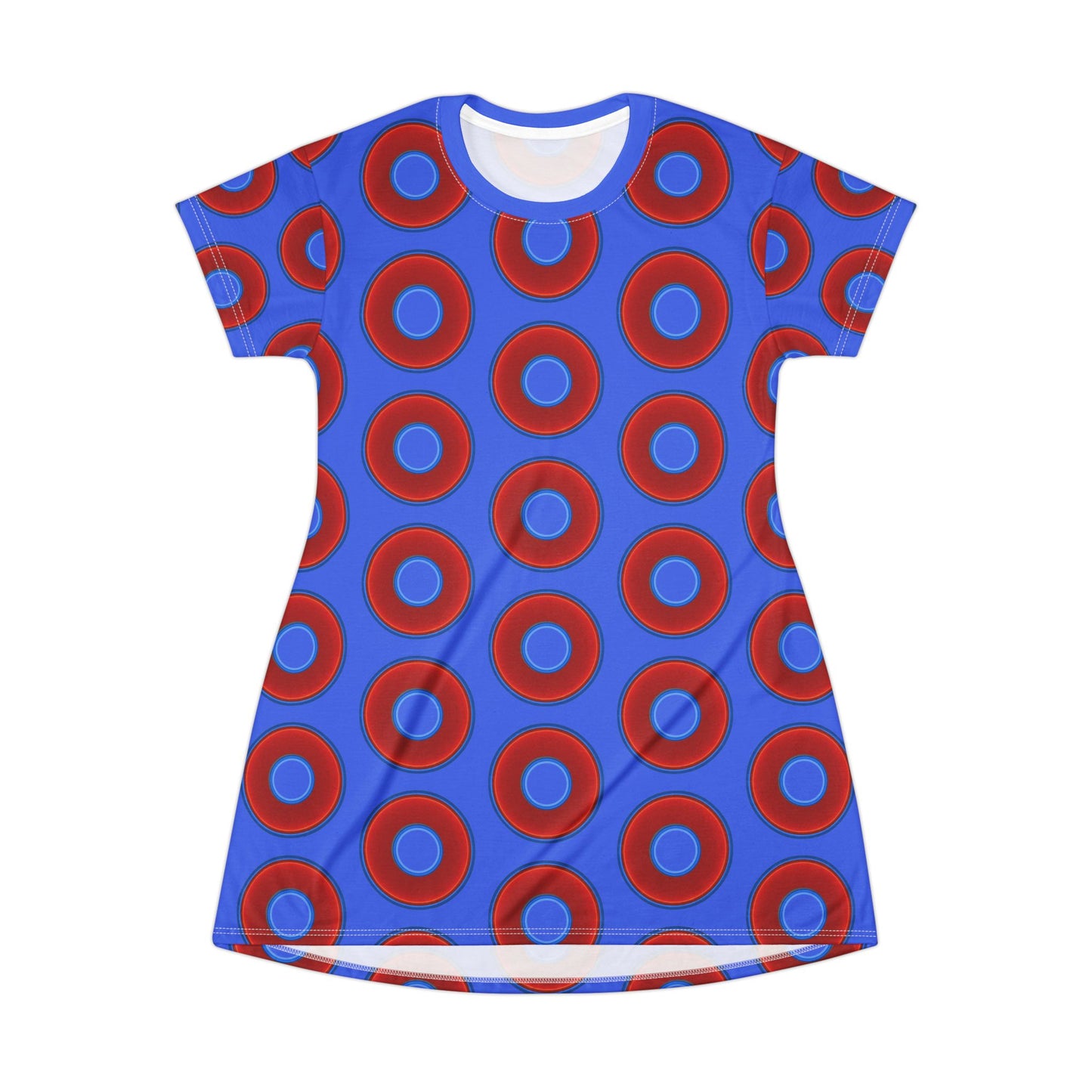 Not a Muumuu AOP Tee Shirt Dress - red vivid donuts w/royal blue background