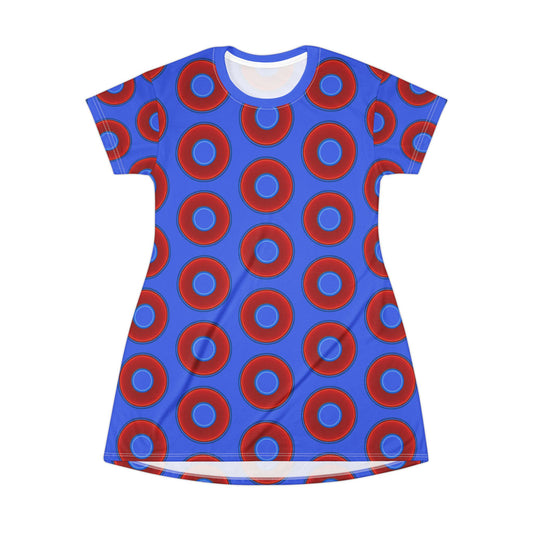 Not a Muumuu AOP Tee Shirt Dress - red vivid donuts w/royal blue background