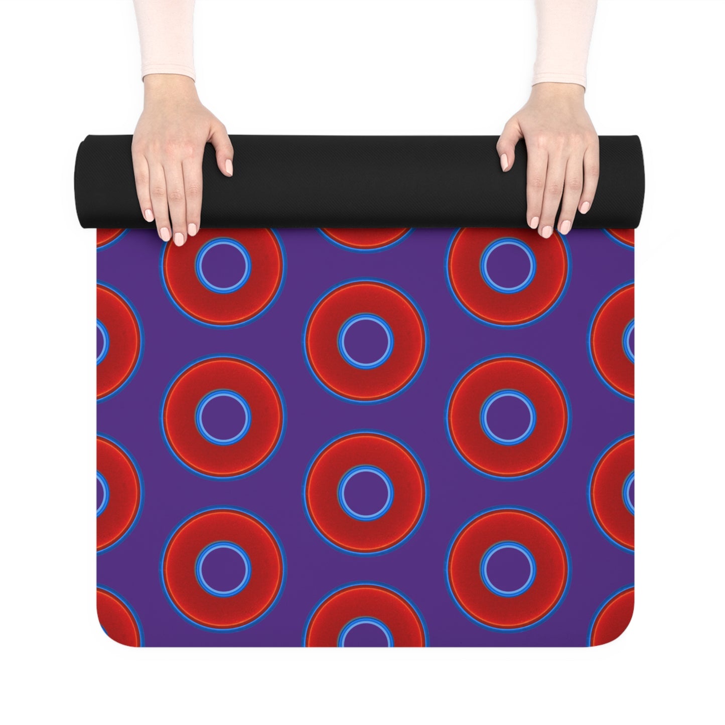 Lumpy Donut Yoga Mat :) - 24″ x 70" - vivid red donut print w/purple background