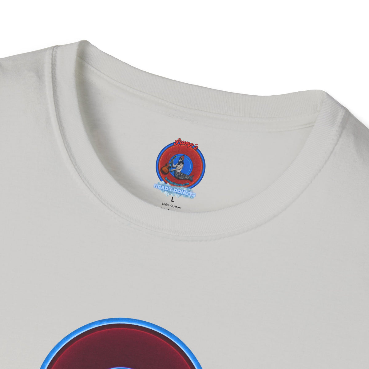 Classic Donut Tee - Unisex Soft-Style - "Brotherly Donuts Jawn" - vivid dark purple-red/light blue donut