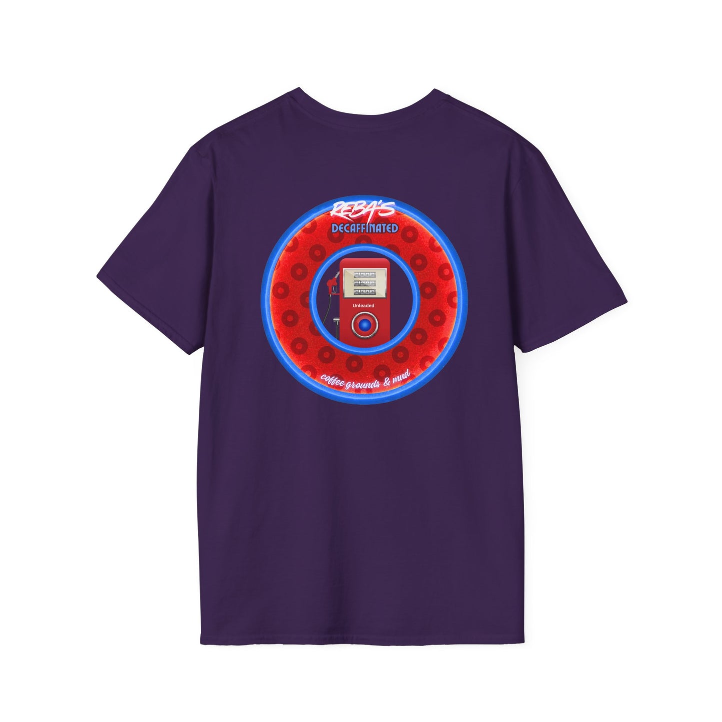 Coffee Traders Tee - Unisex Soft-Style - "Reba's Decaf: Coffee Grounds & Mud " - paradoxical donut - variant 2 - logo front/Reba back