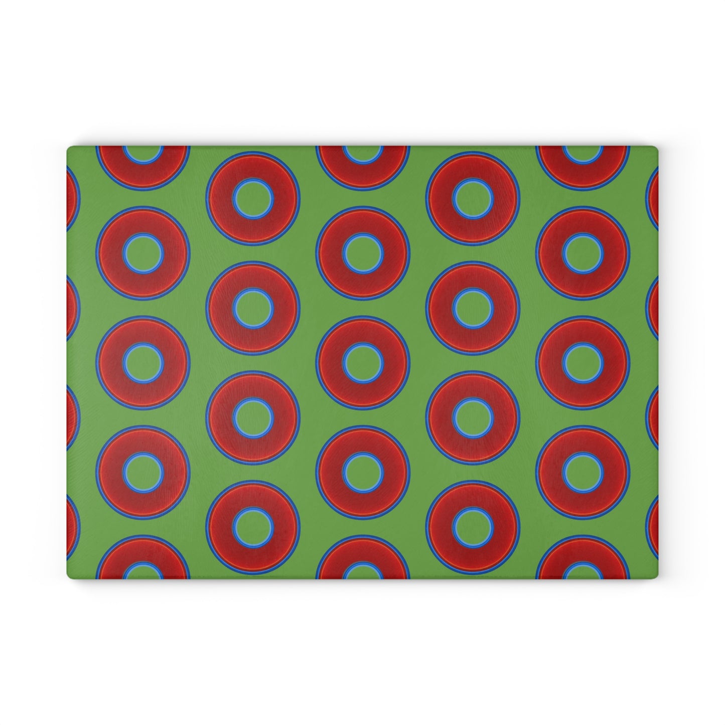 My Friend's Cutting Board - vivid red donuts w/light green background