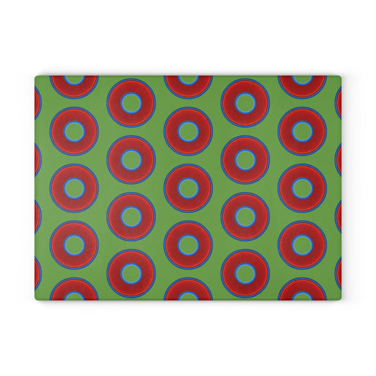 My Friend's Cutting Board - vivid red donuts w/light green background