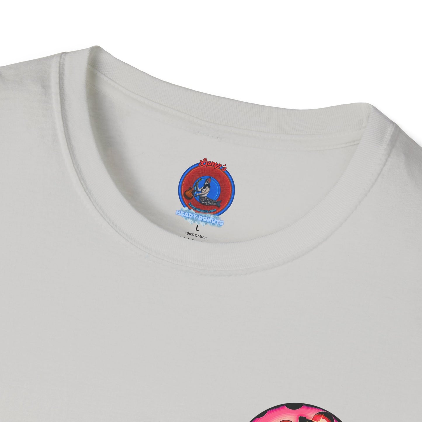 Classic Donut Tee - Unisex Soft-Style - "Would You Be My Donut?" - paradoxical faded magenta/red donut - variant 1