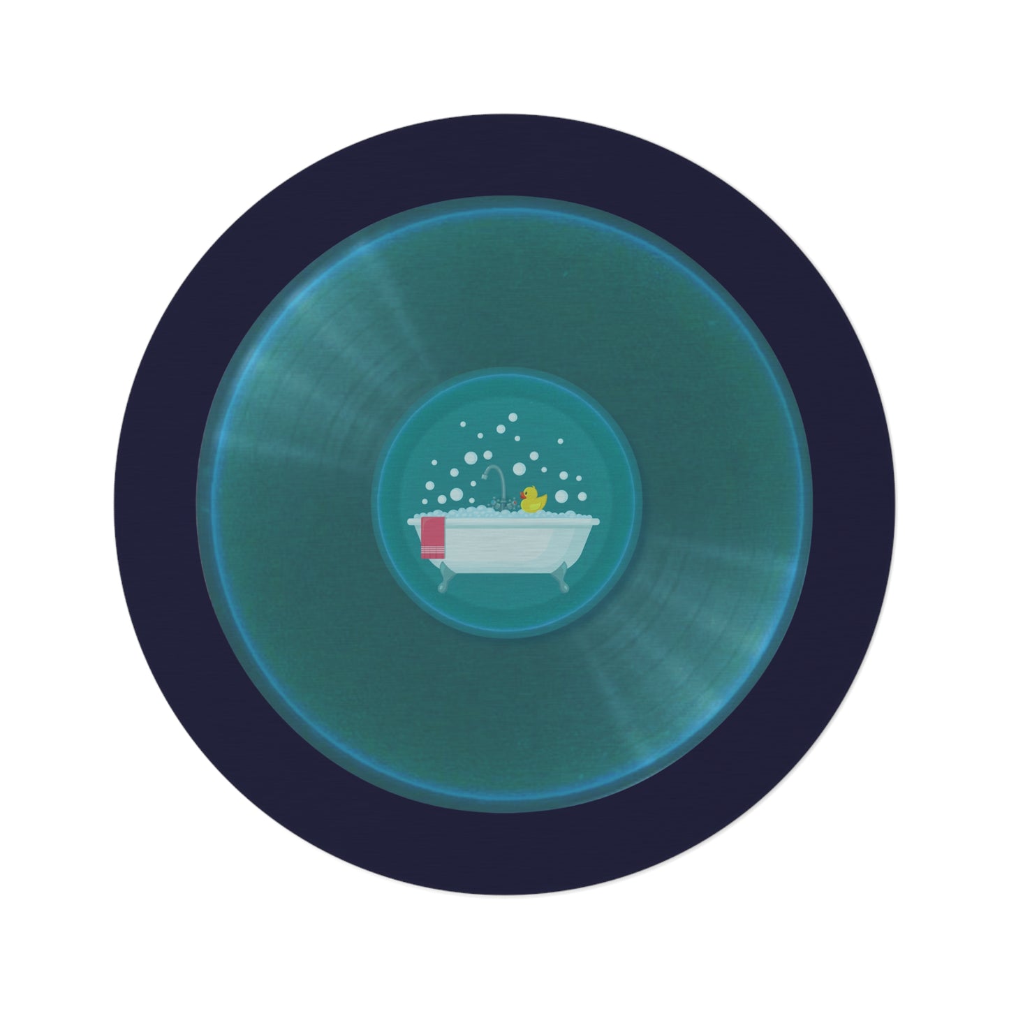 Round Room - 5 ft x 5 ft Lumpy Donut Rug - "Bath Time Fun Donut Rug" - vivid aquamarine donut w/midnight blue background