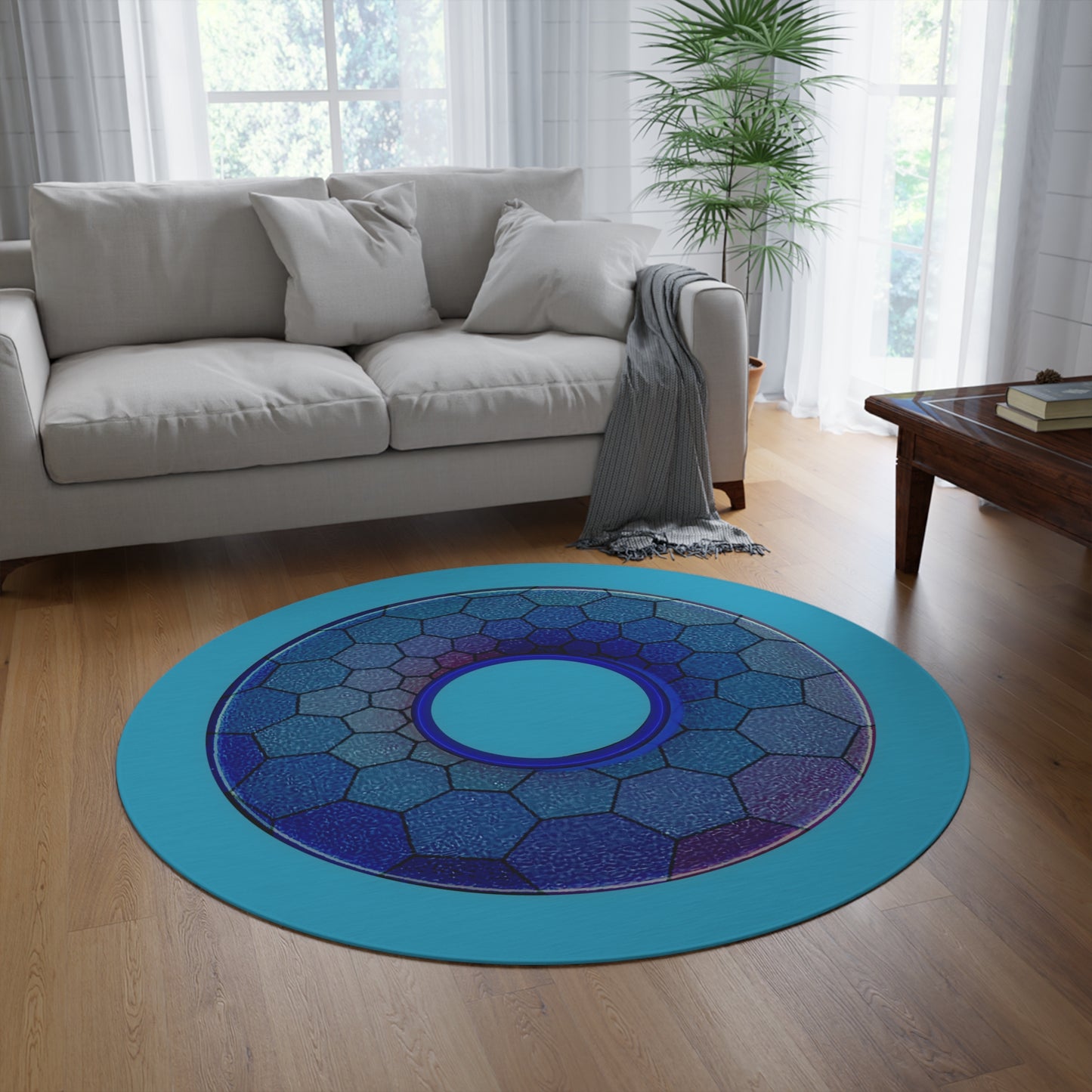 Round Room - 5 ft x 5 ft Lumpy Donut Rug - "Plain Hexadonut" - blue hexadonut w/turquoise background - variant 2
