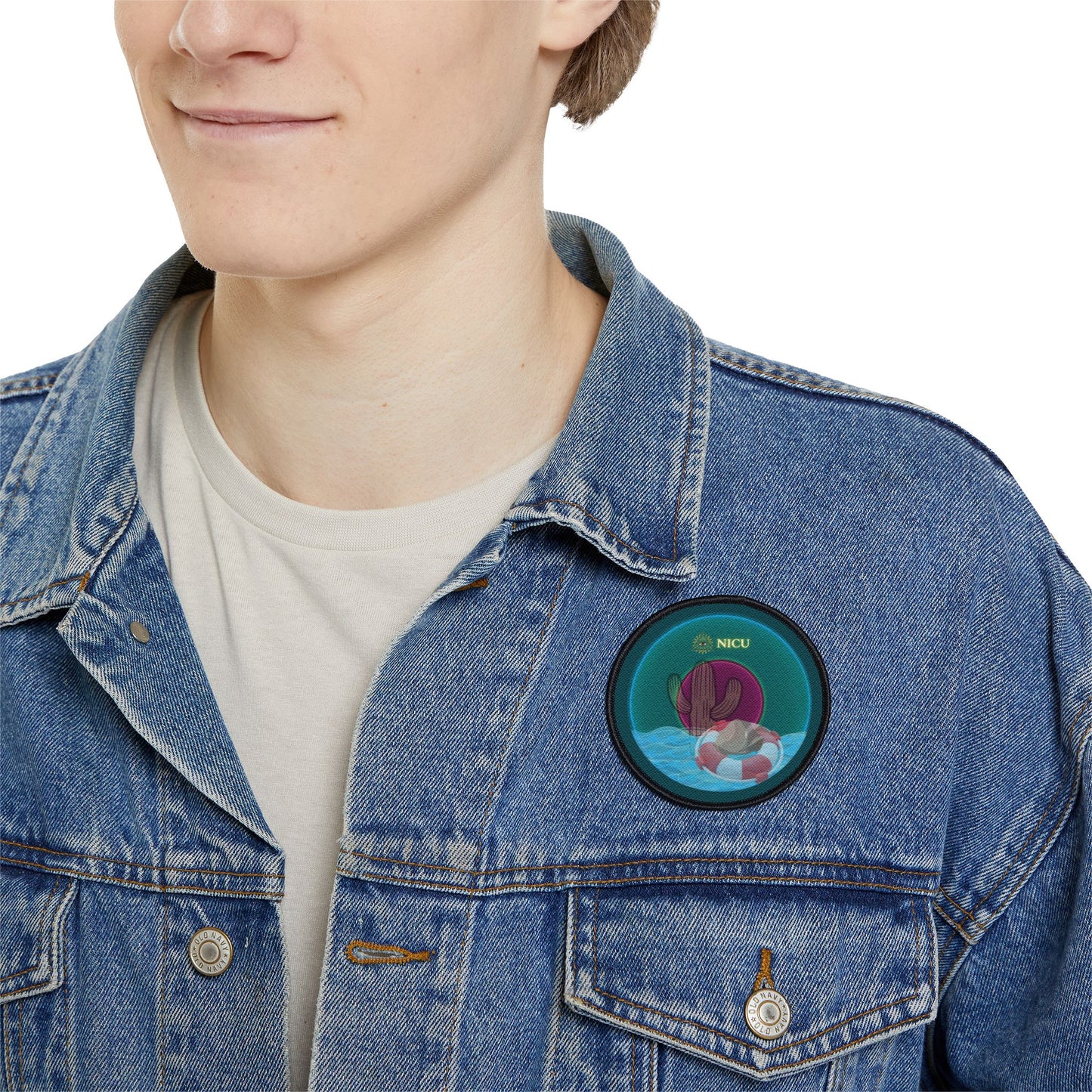 Iron-On Donut Patch - "The Donut Patch That Conveys" - vivid dark teal donut