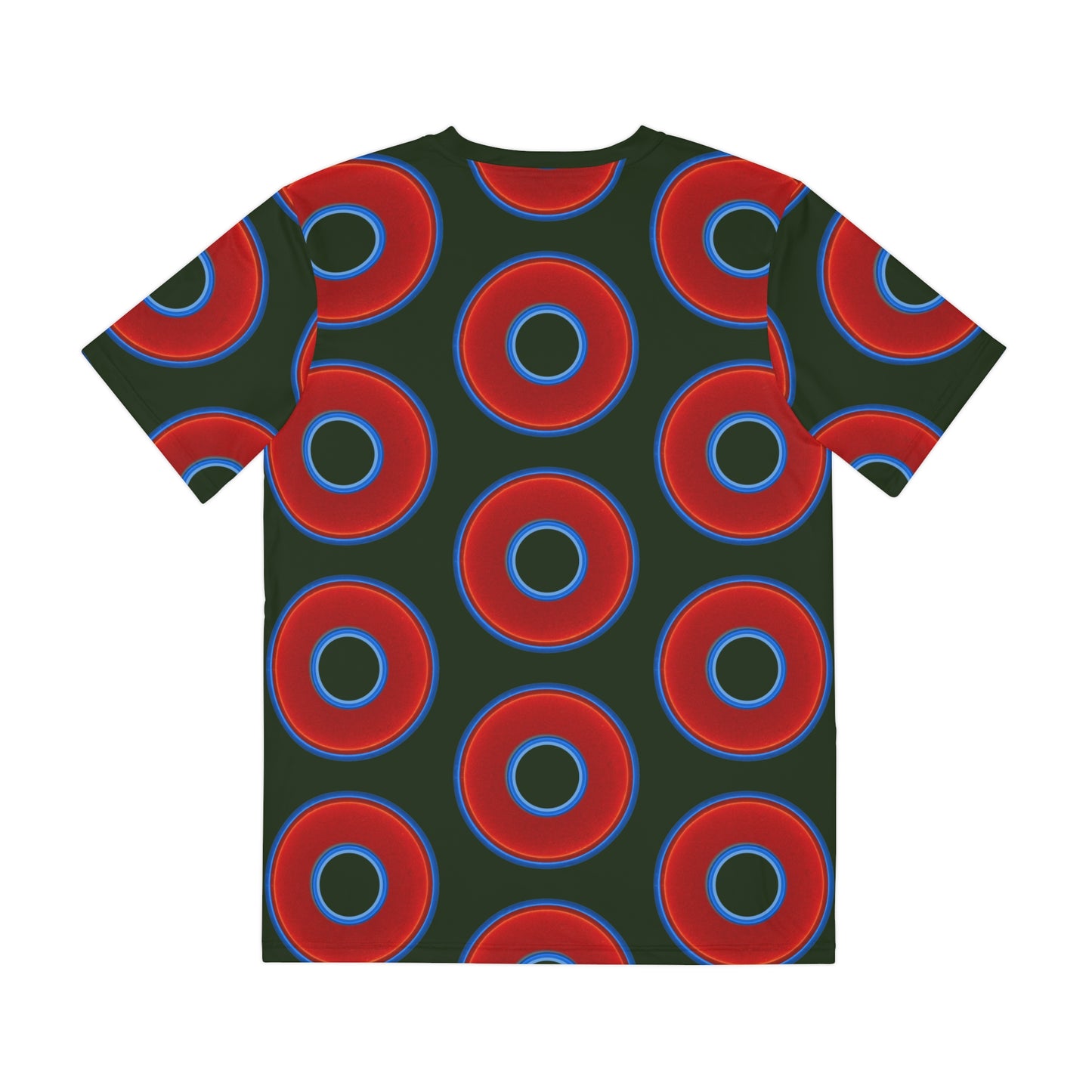 Multi-Beastie Giant Donut AOP Polyester Tee - red vivid donut print w/deep forest green background