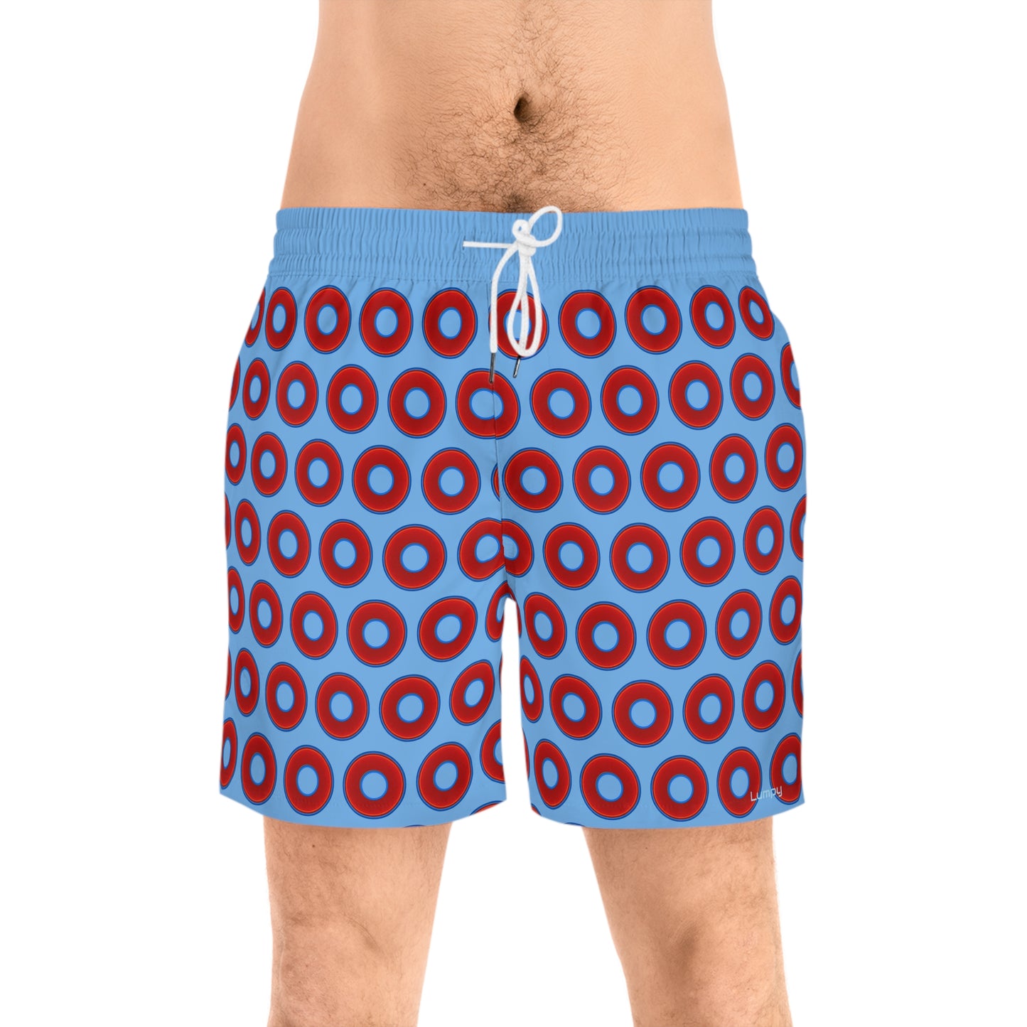 Men's Lumpy Swim Trunks - vivid red donut print w/light blue background