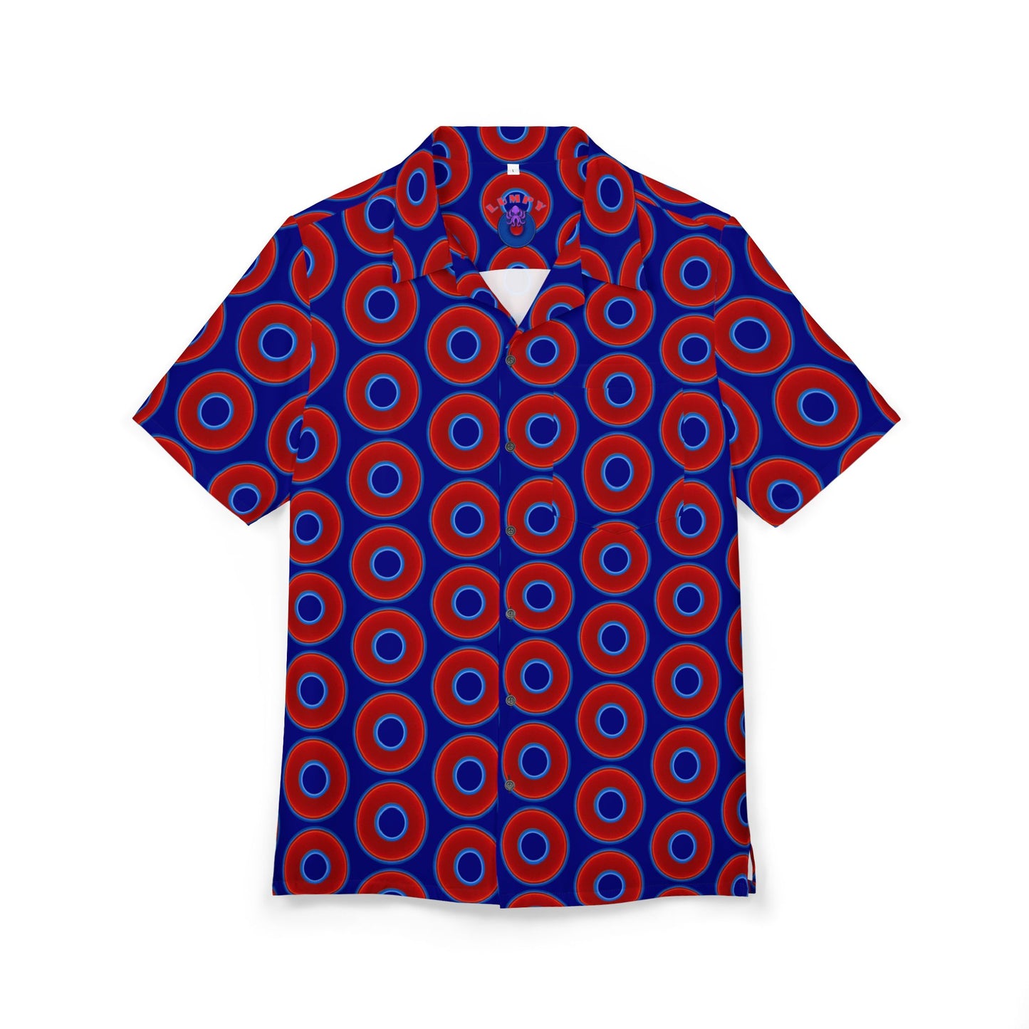 Wilson's 'Epic Hawaiian-Punch' Shirt - vivid red donut print w/vivid navy blue background [unisex]