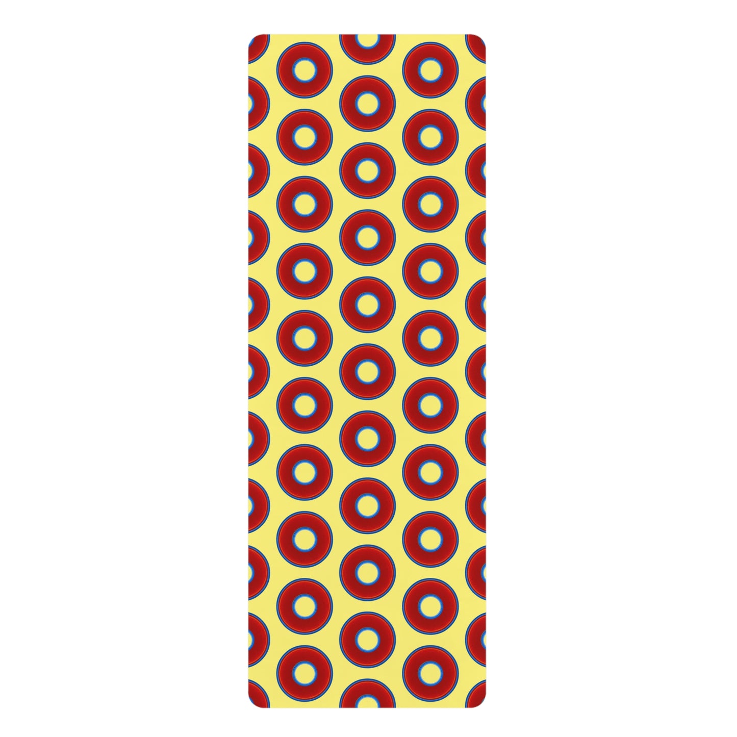Lumpy Donut Yoga Mat :) - 24″ x 70" - vivid red donut print w/yellow background