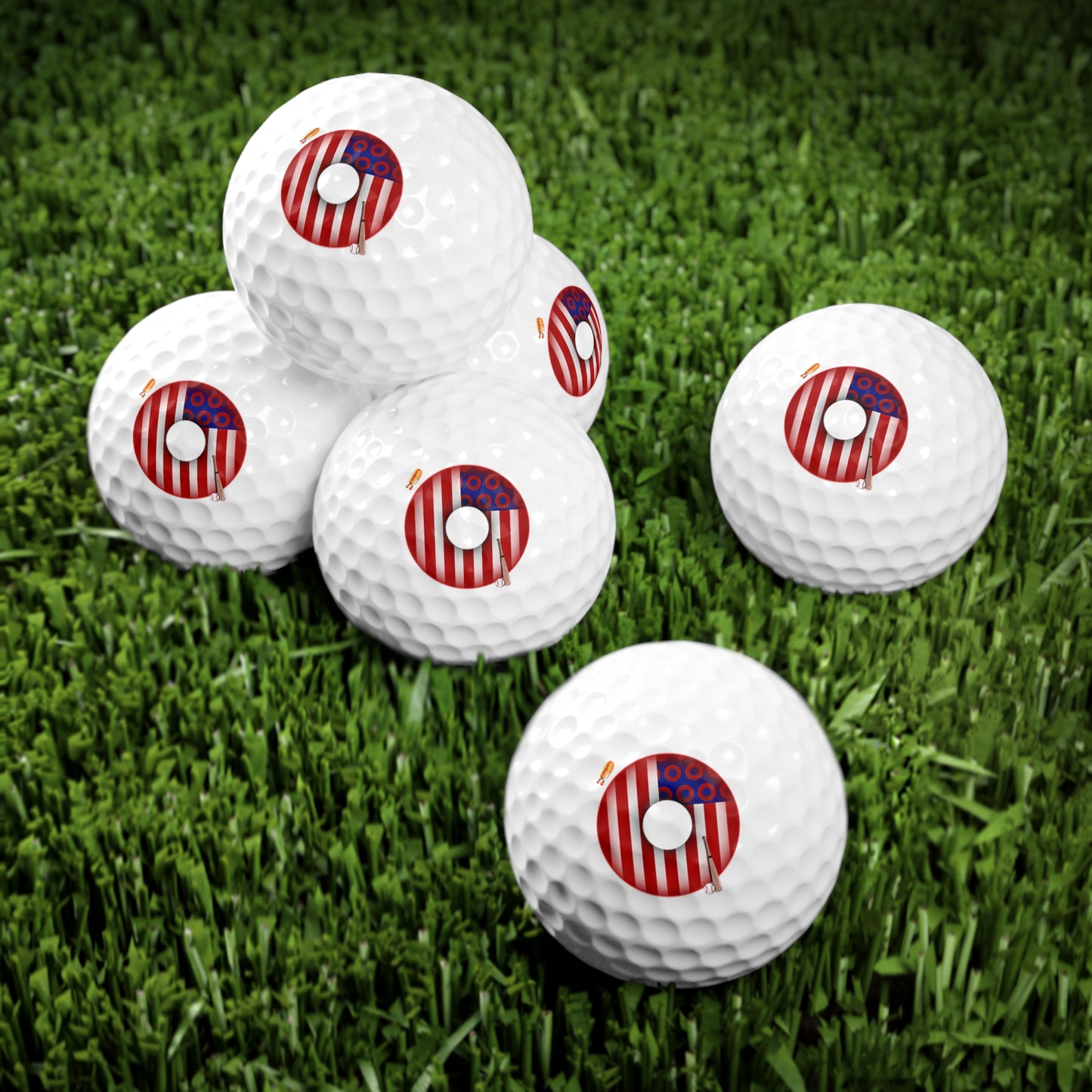 Lumpy Donut Golf Balls - 6-pack - "Uncle Sam's Donuts & Stripes" - vivid flag donut w/raw dogger