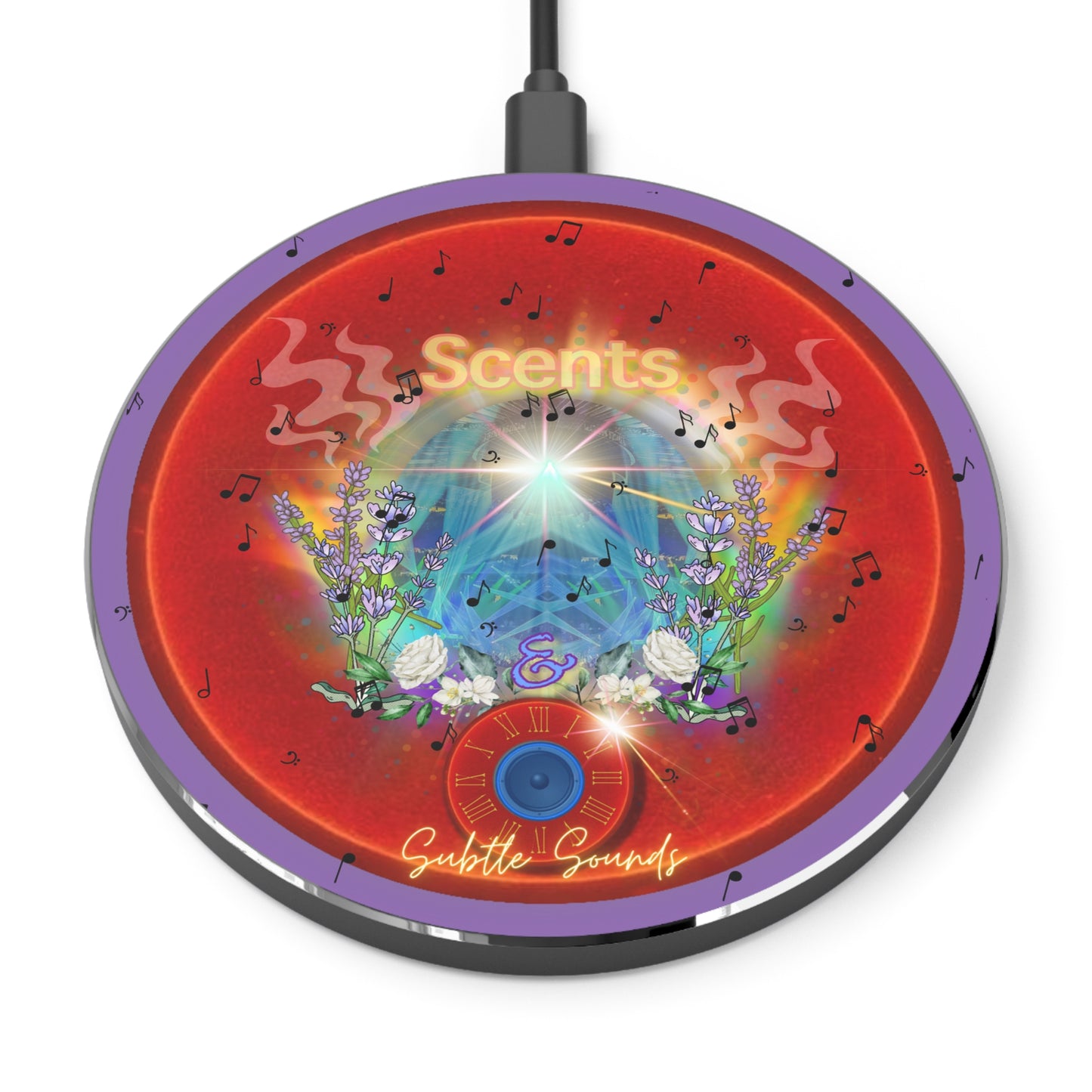 The Flow - Wireless Lumpy Donut Chargers - "The Scented & Subtly Delicious Donut Charger" - vivid  red donut w/light purple background