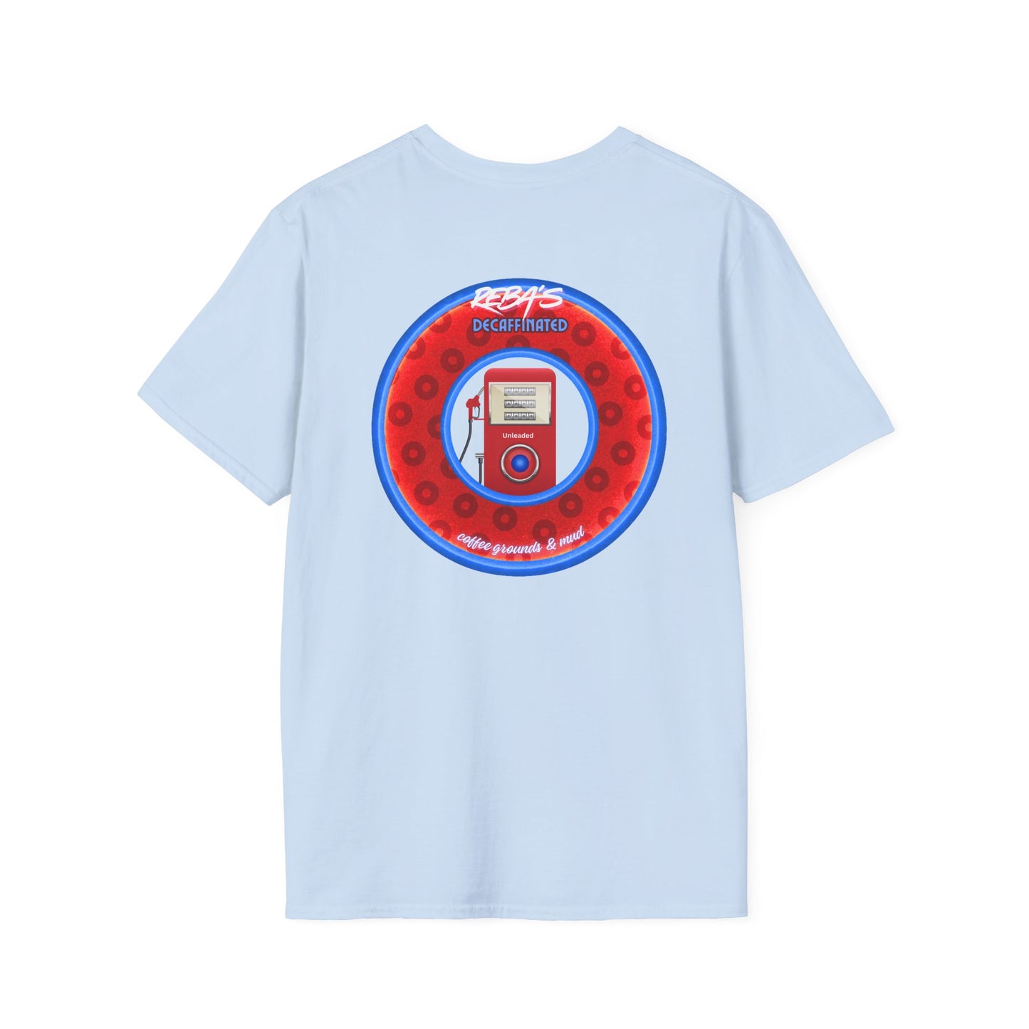 Coffee Traders Tee - Unisex Soft-Style - "Reba's Decaf: Coffee Grounds & Mud " - paradoxical donut - variant 2 - logo front/Reba back