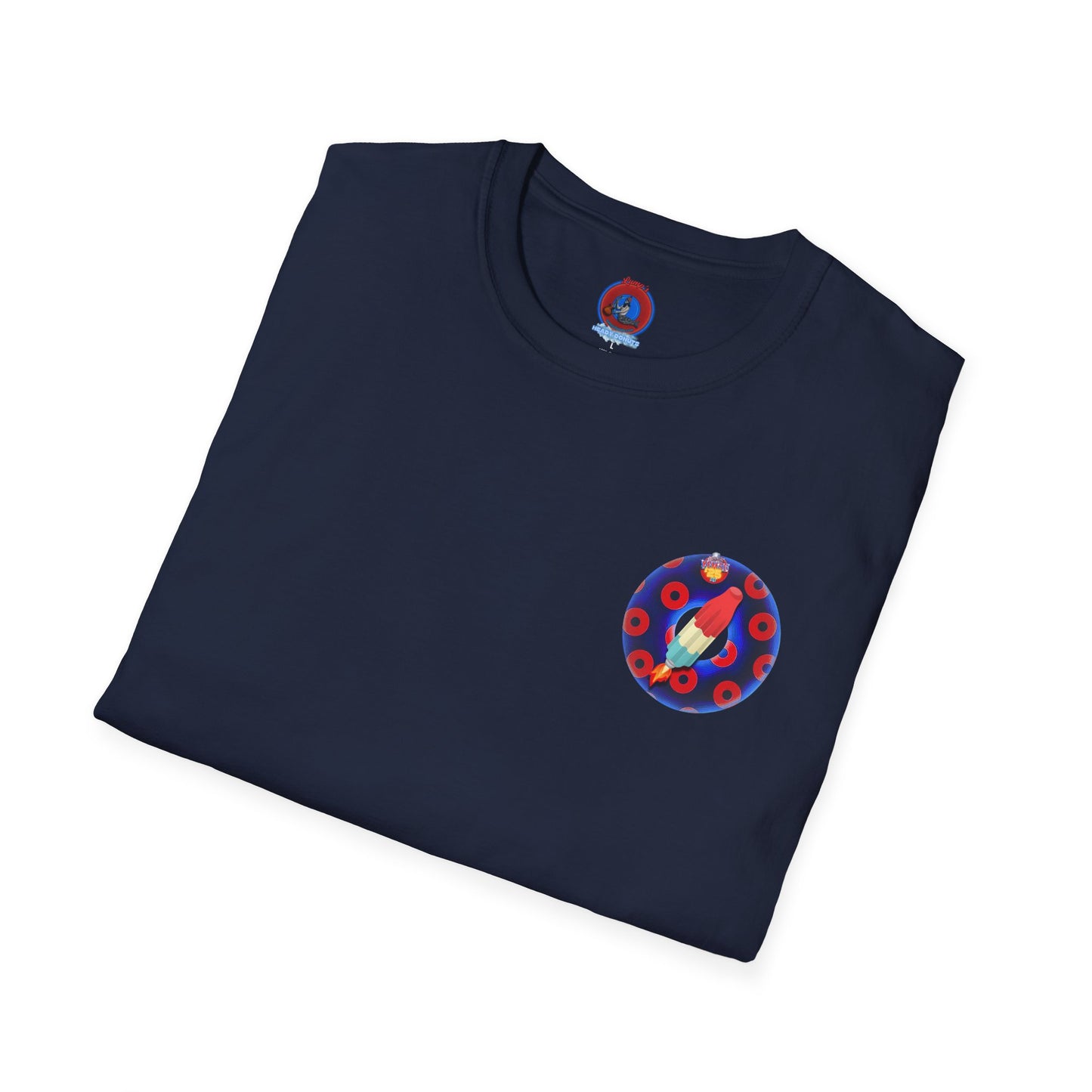 Classic Donut Tee - Unisex Soft-Style - "Blow this Popsicle Stand" - blue/red paradox bomb pop donut - variant 3