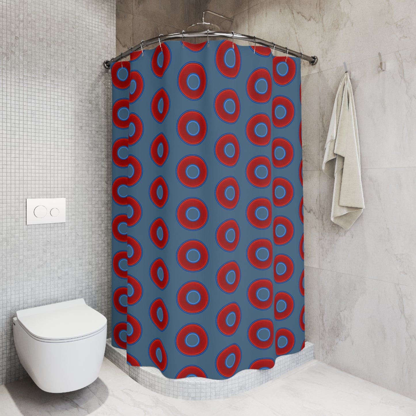 The Curtain With "Donuts" - Lumpy Bath Time Fun - vivid red donuts w/steel blue background