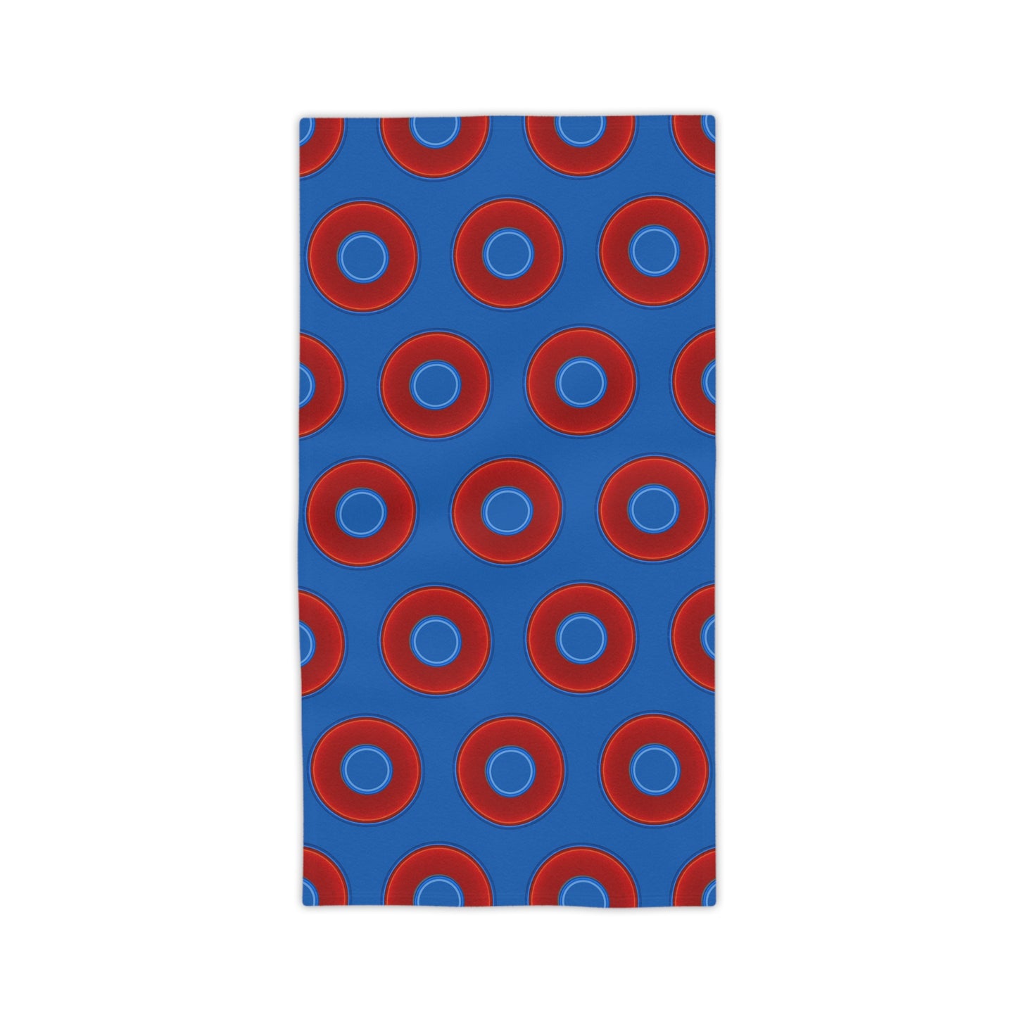 Lumpy Donut Towels - vivid red donuts w/dark royal blue background