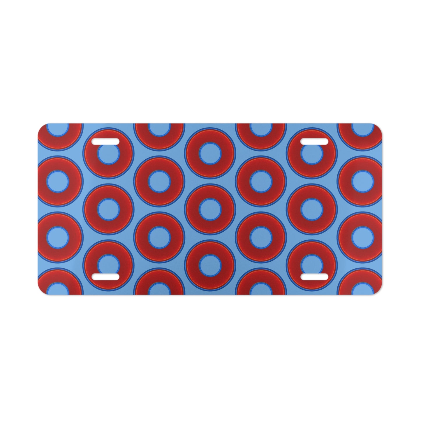 Lumpy Donut Vanity Plate - red vivid donut print w/light blue background