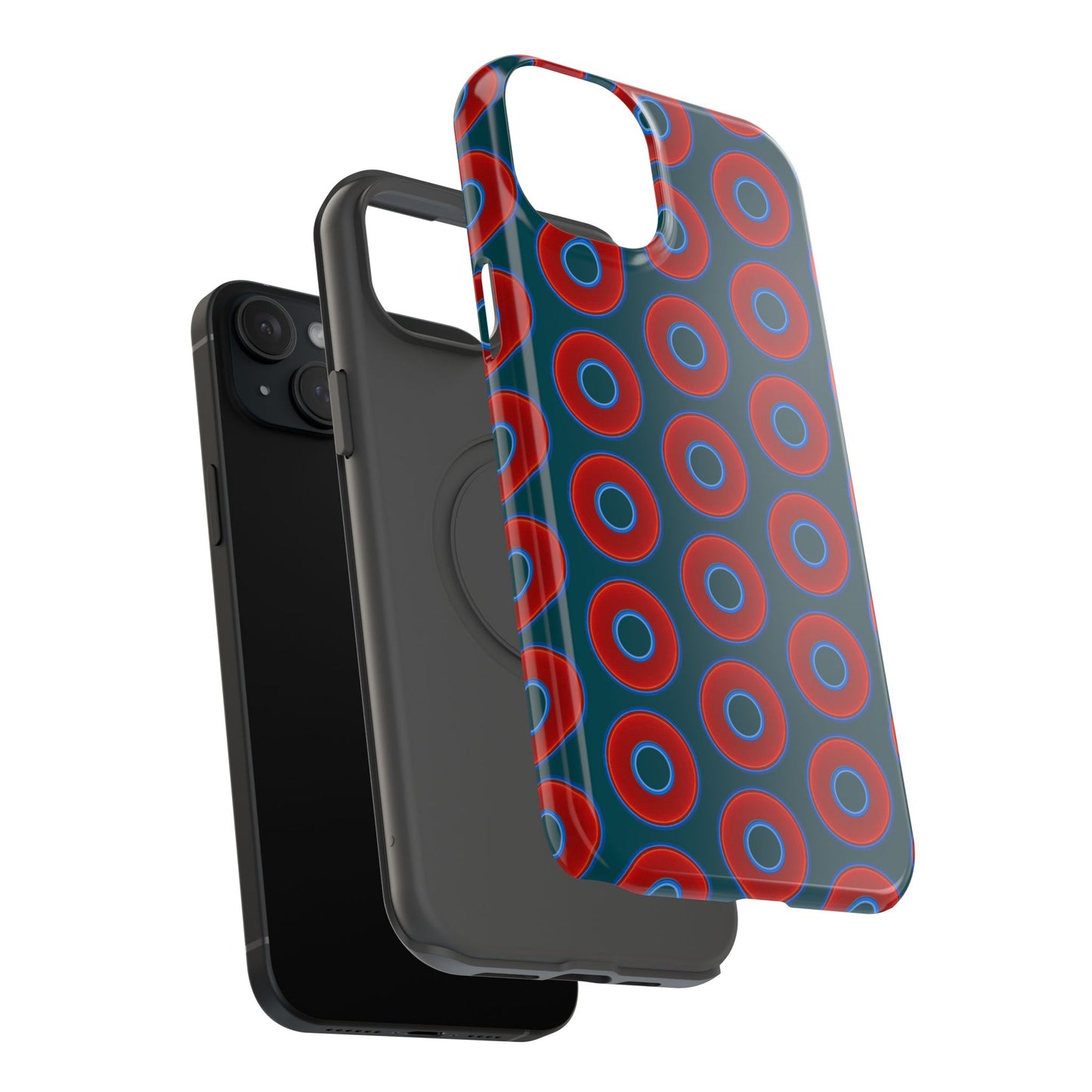 Impact-Resistant Lumpy Donut Case - red vivid donut print w/midnight green background