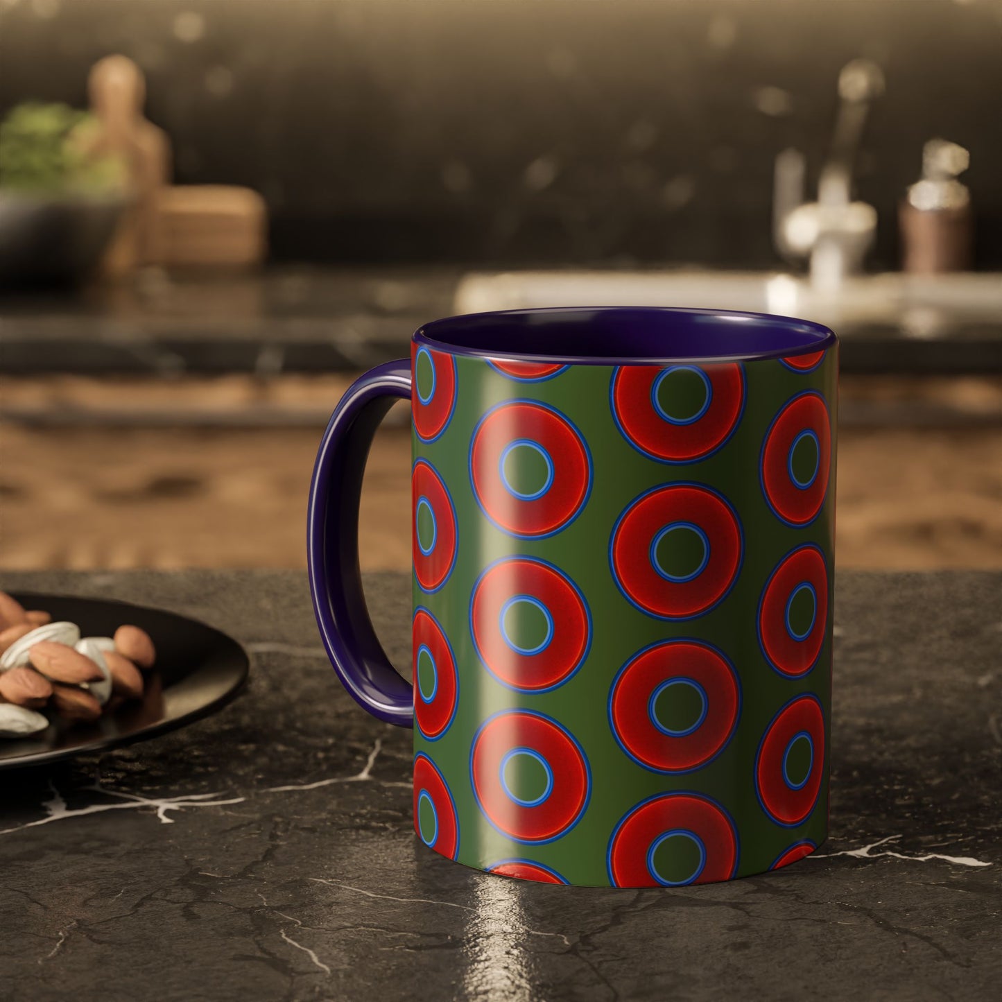 Lump's Grumpy Coffee Mug - vivid red donuts w/dark green background