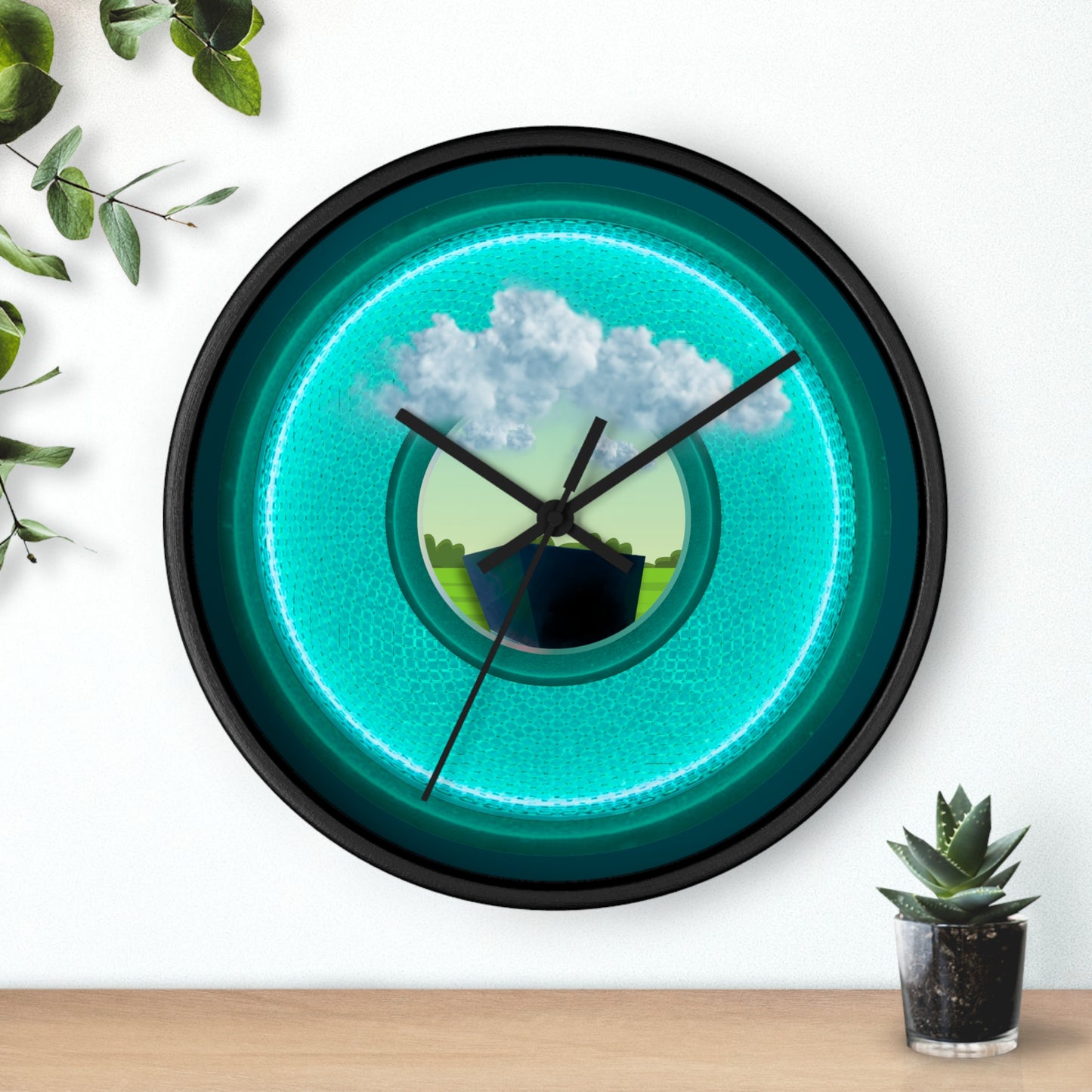Lumpy Wall Clock - "Got Rhombus?" - variant 5 - turquoise/teal rustic donut w/midnight green background