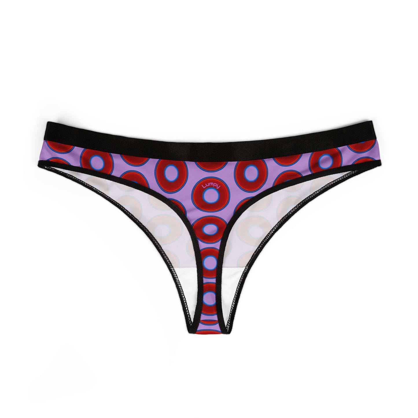 Lumpy Donut Thongs - red vivid donut print w/wisteria purple background