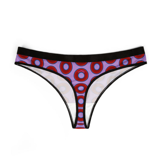 Lumpy Donut Thongs - red vivid donut print w/wisteria purple background